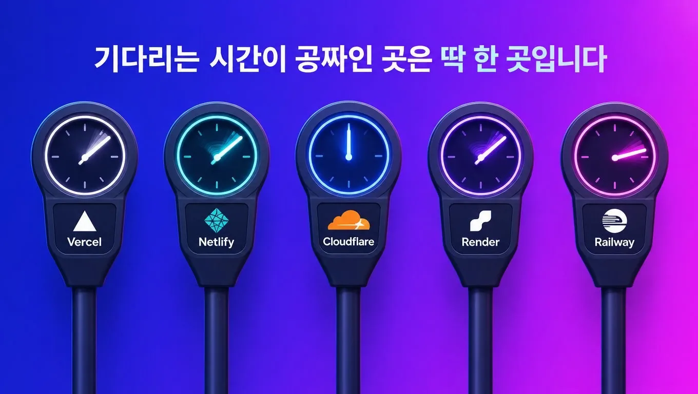 벽에 나란히 걸린 다섯 개의 주차 미터기 중 네 개는 시계 바늘이 돌고 있고 가장 왼쪽 하나만 바늘이 멈춰 있는 모습을 표현한 일러스트