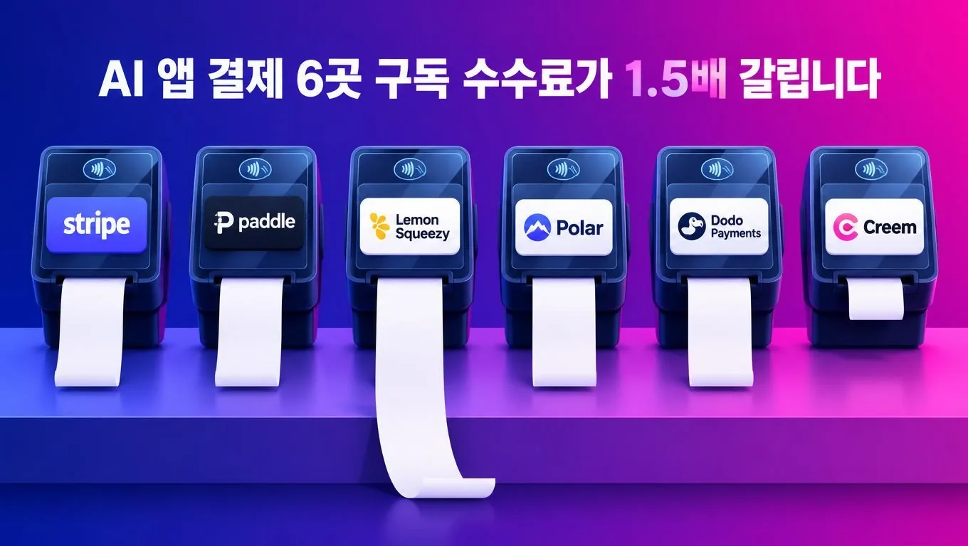 여섯 대의 작은 계산대가 한 줄로 놓여 있고 각 계산대 앞면에 서로 다른 결제 서비스 이름이 붙어 있으며, 계산대마다 영수증이 흘러나오는 길이가 제각각인 일러스트