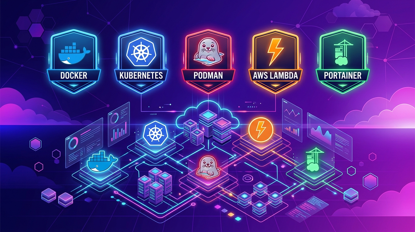 Container-Tools-Vergleich Stand Juli 2026 Docker Kubernetes Podman AWS Lambda Portainer