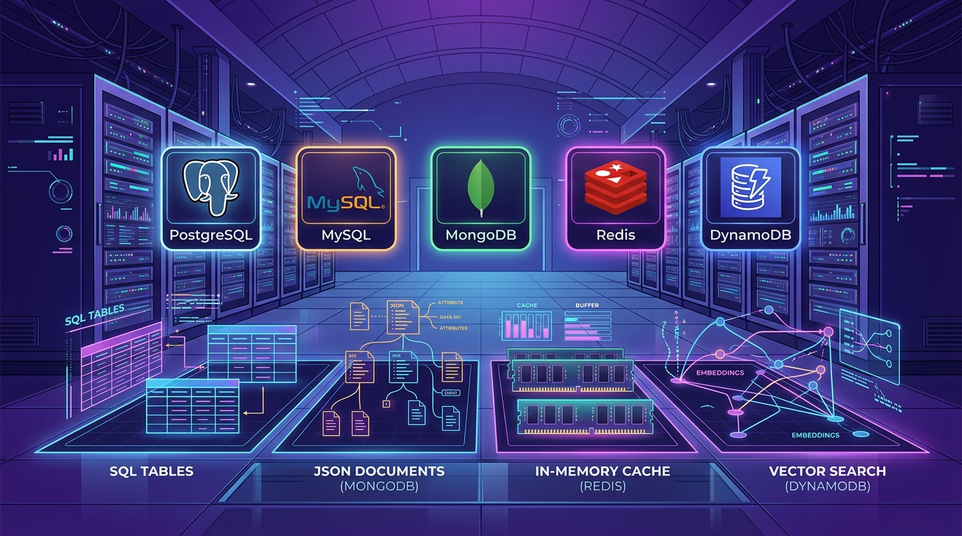 Datenbanken-Vergleich 2026: PostgreSQL, MySQL, MongoDB, Redis und DynamoDB