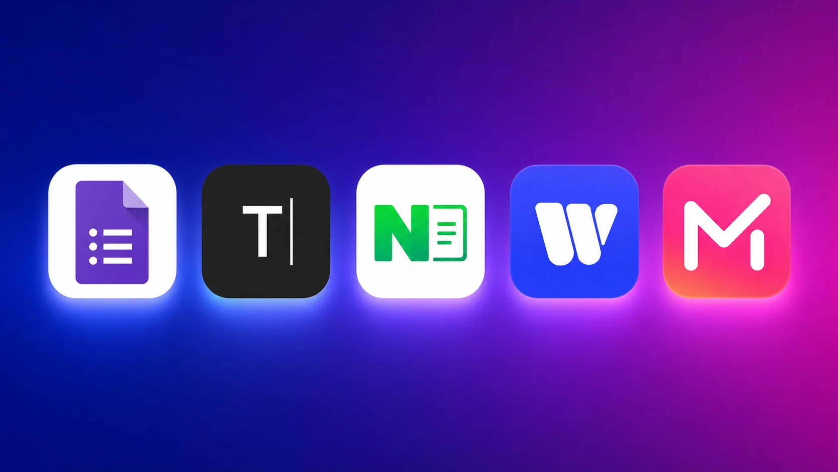 Illustration zum Umfrage-Tool-Vergleich 2026 mit Icons von Google Forms, Typeform, Naver Form, Walla und Moaform