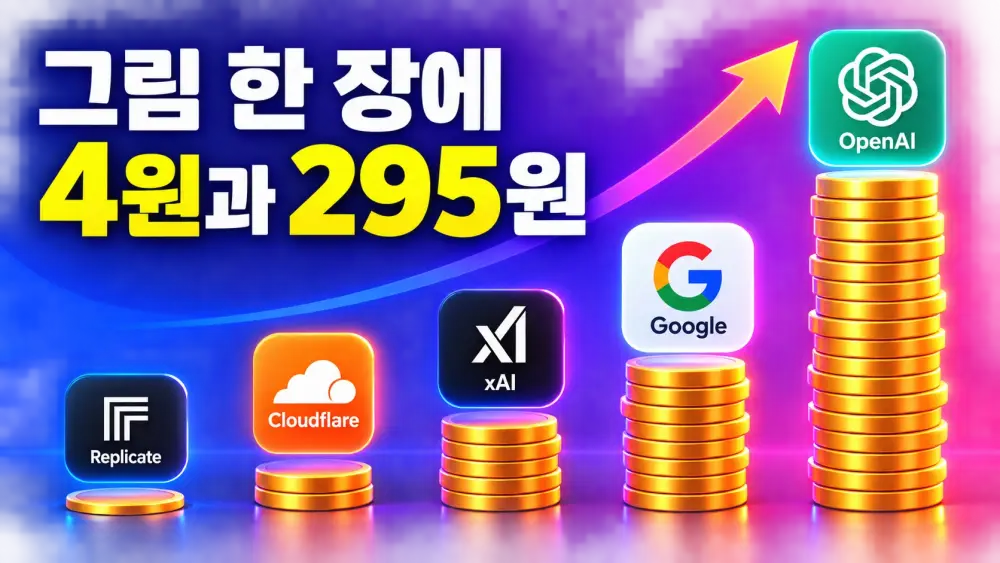 오픈AI·구글·엑스AI·리플리케이트·클라우드플레어의 이미지 생성 API 요금을 비교하는 일러스트