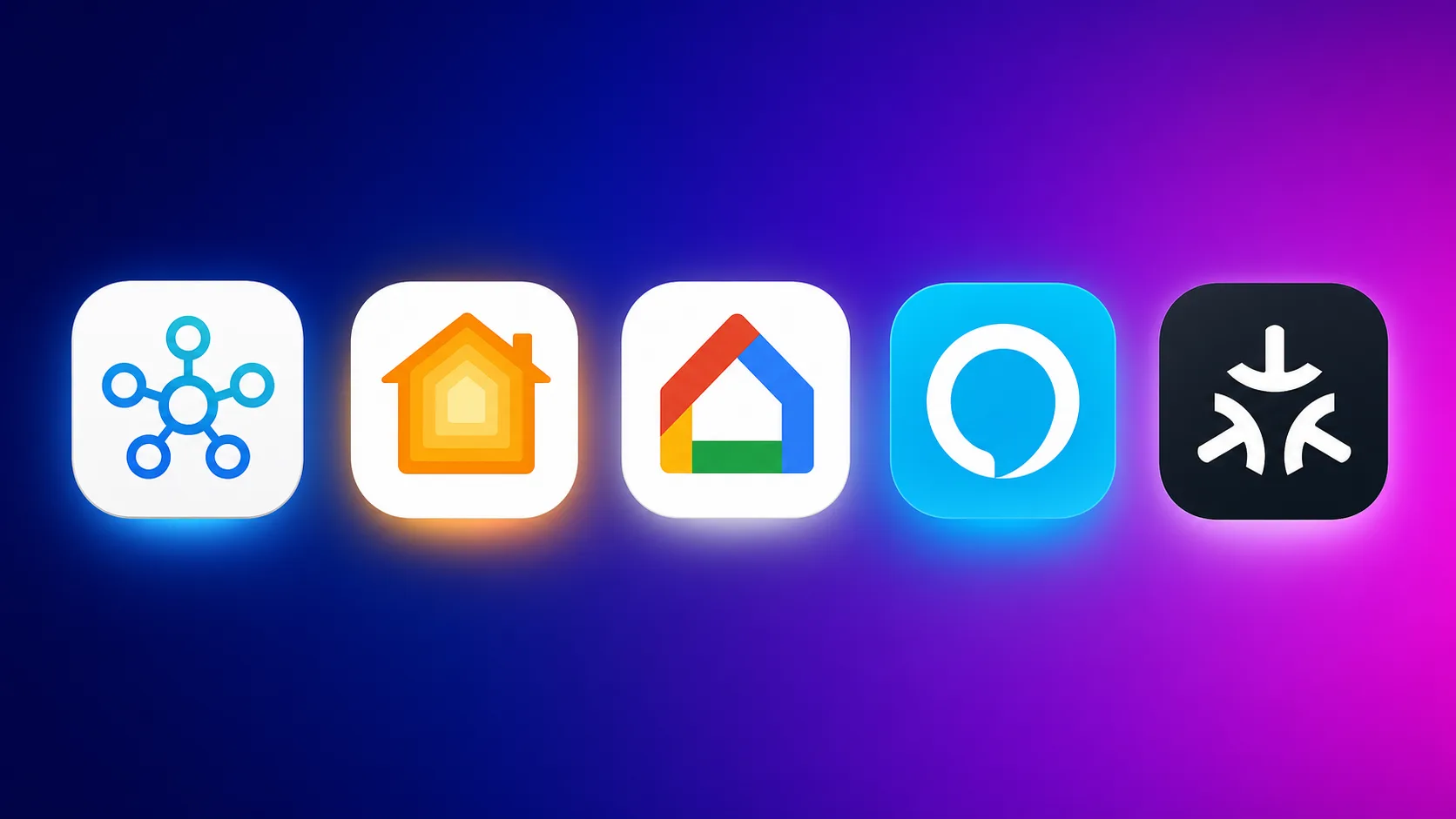 Vergleich der Smart-Home-Plattformen 2026 mit den Logos von SmartThings, Apple Home, Google Home, Alexa und Matter nebeneinander