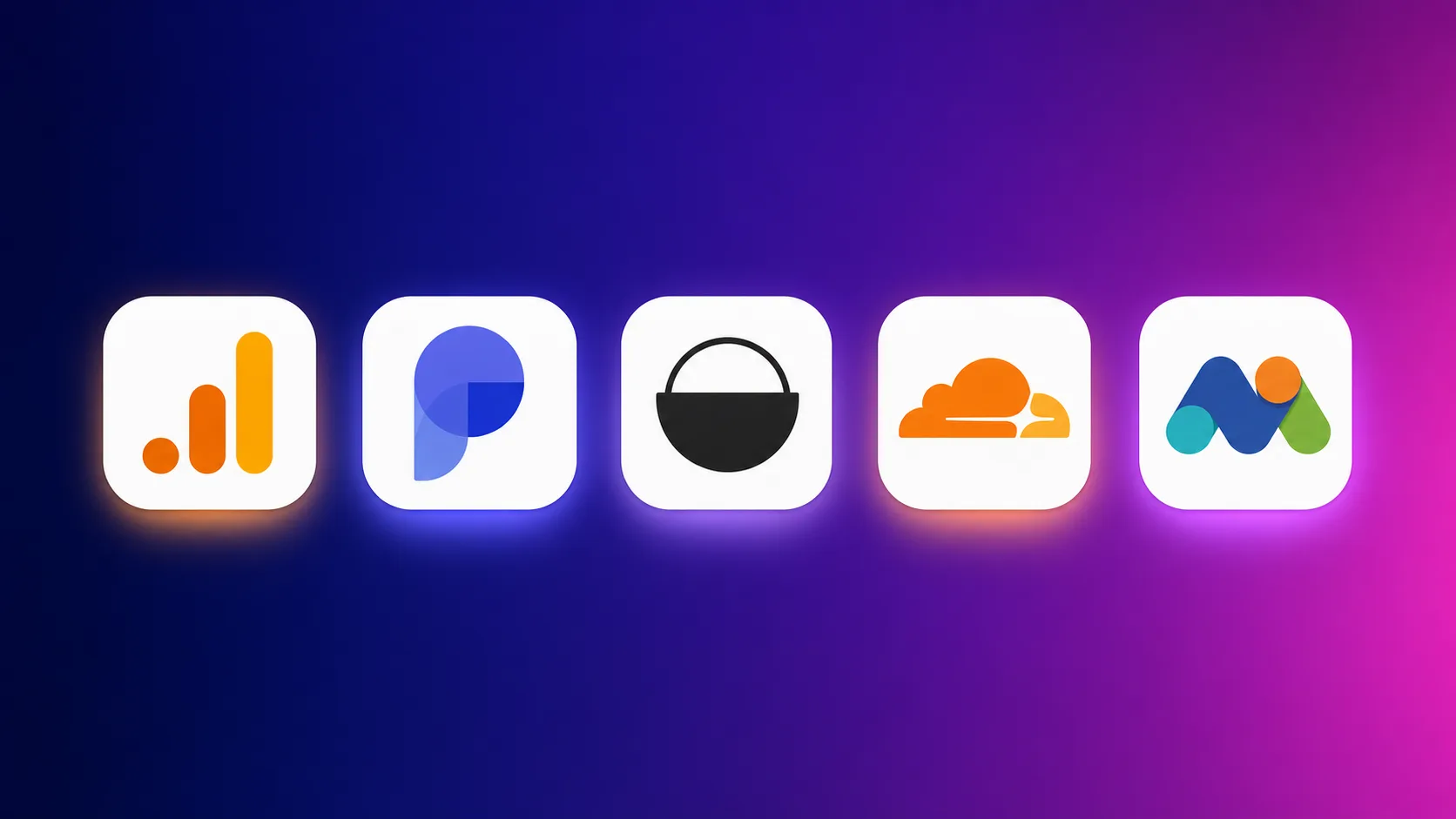 Webanalyse-Vergleich 2026: Logos von GA4, Plausible, Umami, Cloudflare und Matomo nebeneinander